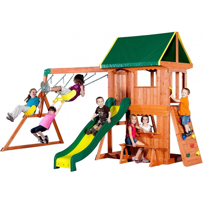 Complex de Joaca  din lemn de cedru - Centru SomerSET cu Tobogan si Leagane 2 nivele Playset Backyard Discovery 